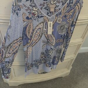 Chico's Lavender and Navy Paisley V-Neck Long Sleeve Top